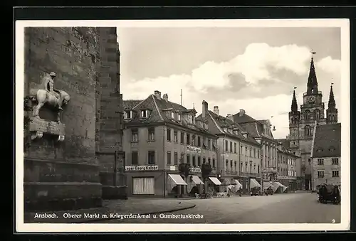 AK Ansbach, Oberer Markt m. Kriegerdenkmal & Gumbertuskirche