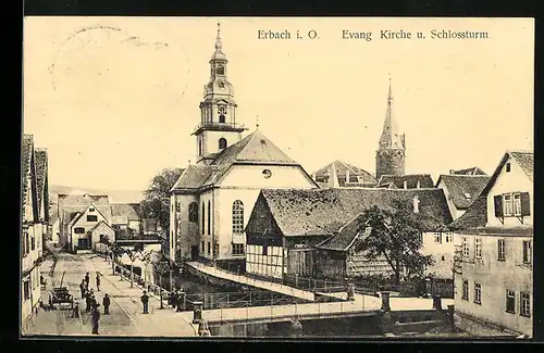 AK Erbach i. O., Evang. Kirche und Schlossturm