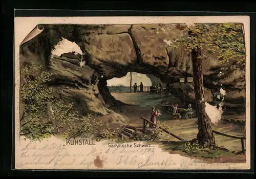 Lithographie Bad Schandau, Kuhstall mit Besuchern