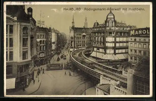 AK Hamburg, Rödingsmarkt-Alsterwall mit Hochbahn und Strassenbahn