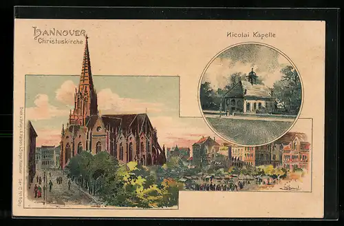 Lithographie Hannover, Christuskirche, Nicolai Kapelle