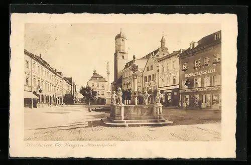AK Weilheim / Obb., Hauptplatz mit Brunnen und Handlung v. Franz Förster