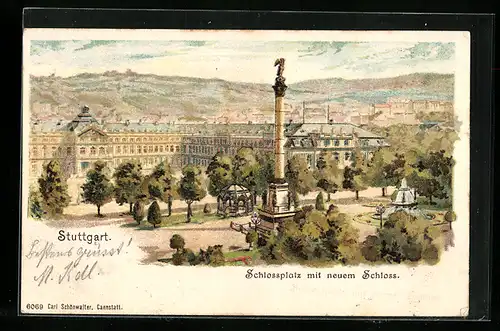 Lithographie Stuttgart, Schlossplatz mit neuem Schloss