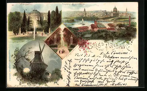 Lithographie Potsdam, Sanssouci, Historische Mühle, Panorama vom Brauhausberg