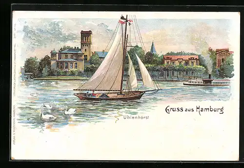 Lithographie Hamburg, Uhlenhorst mit Gebäuden und Bootsanleger