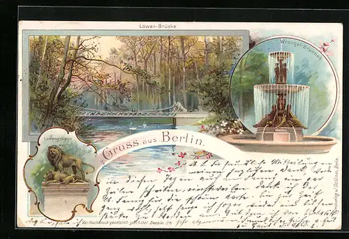 Lithographie Berlin-Tiergarten, Löwengruppe, Wrangelbrunnen, Löwenbrücke