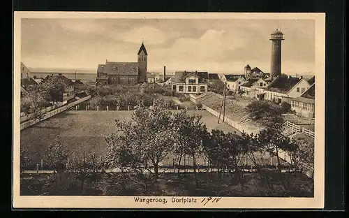 AK Wangeroog, Dorfplatz mit Kirche und Leuchtturm