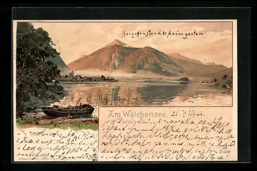 Lithographie Kochel am See, am Walchensee mit Herzogenstand und Heimgarten