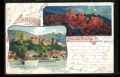 Lithographie Heidelberg, beleuchtetes Schloss, Blick zum Schloss