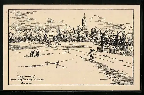 Künstler-AK Berlin-Zehlendorf, Blick auf die kath. Kirche