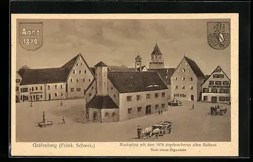 AK Gräfenberg / Fränk. Schweiz, Marktplatz mit altem Rathaus, Wappen