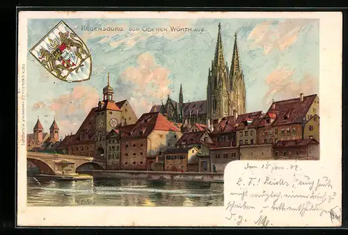 Lithographie Regensburg, Ortsansicht von der Oberen Wörth aus, Wappen