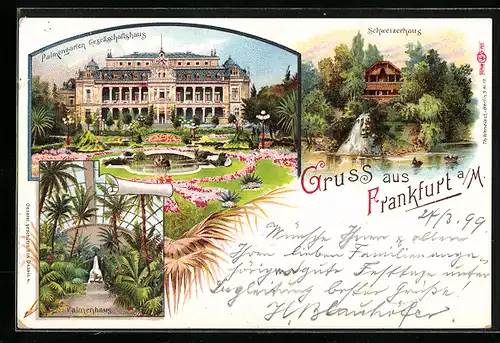 Lithographie Frankfurt- Westend, Palmengarten, Schweizerhaus, Palmenhaus