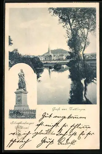 AK Tuttlingen, Uferpartie mit Kirche, Schneckenburger Denkmal