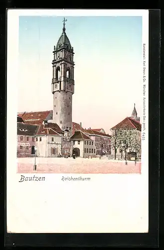 Goldfenster-AK Bautzen i. Sa., Reichenthurm und Gebäude mit leuchtenden Fenstern