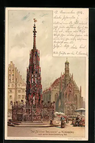 Lithographie Nürnberg, der Schöne Brunnen