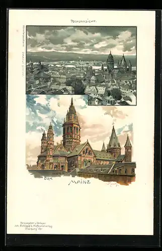 Lithographie Mainz, Totalansicht, Blick auf den Dom