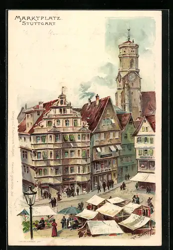 Lithographie Stuttgart, Strassenpartie am Marktplatz