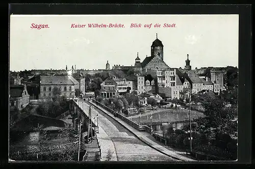 AK Sagan, Kaiser Wilhelm-Brücke, Blick auf die Stadt