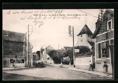 AK Vert, La Place et l`Eglise, Route de Mantes