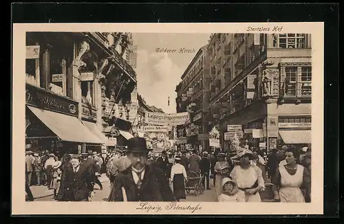 AK Leipziger Messe, Peterstrasse mit Goldener Hirsch und Stentzlers Hof