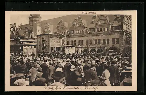 AK Leipzig, Altes Rathaus zur Zeit der Leipziger Messe, Ecke Grimmaische u. Petersstrasse