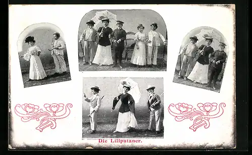 AK Liliputaner in eleganter Kleidung, Jugendstil-Ornamentik