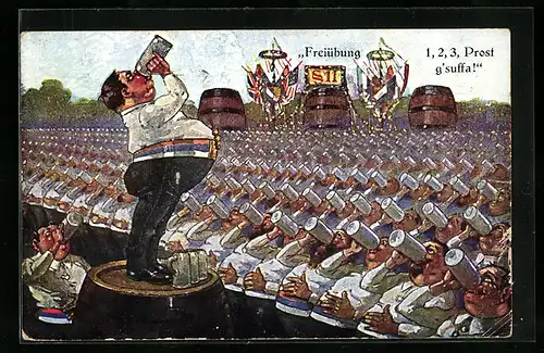 Künstler-AK Freiübung, 1, 2, 3 Gsuffa, Trinkerhumor