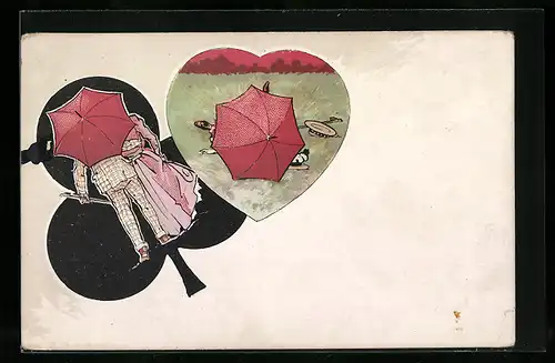 Lithographie Liebespaar hinter Regenschirm, Erotik, Pik und Herz, Kartenspiel
