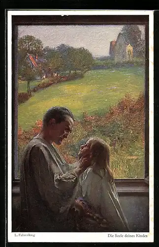 Künstler-AK Ludwig Fahrenkrog: Die Seele deines Kindes, Mann und Kind in Nachthemden schauen sich innig in die Augen