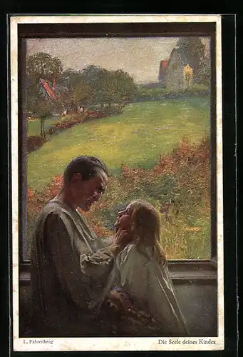 Künstler-AK Ludwig Fahrenkrog: Die Seele deines Kindes, Mann und Kind in Nachthemden schauen sich innig in die Augen