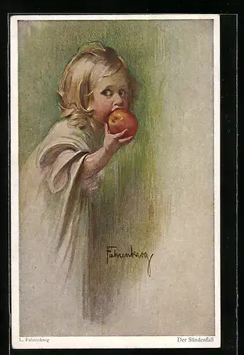 Künstler-AK Ludwig Fahrenkrog: Blondes Mädchen beisst in einen Apfel