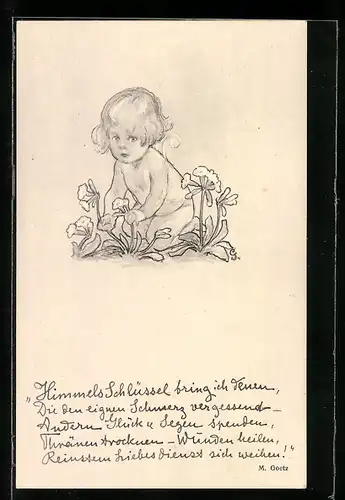 Künstler-AK Meta Goetz: Kleines Kind am Blumenpflücken