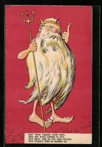 AK Scherzkarte, Poseidon mit grossem Bart und Dreizack