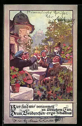 Künstler-AK F. Gareis: Studenten trinken Wein