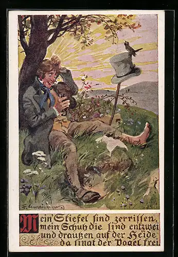 Künstler-AK F. Gareis: Wanderer mit zerrissenem Schuh