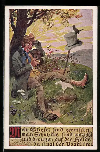 Künstler-AK F. Gareis: Wanderer mit zerrissenem Schuh