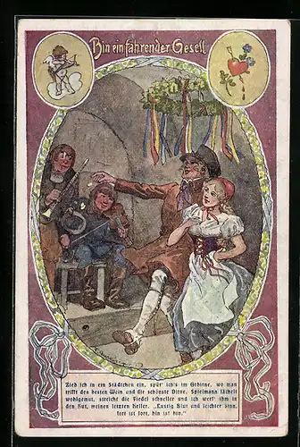 Künstler-AK F. Gareis: Wien, Mariahilferstrasse 98, tanzendes Pärchen in Trachten