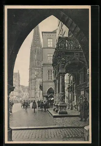 AK Münster i. W., Lambertikirche mit Rathausbogen