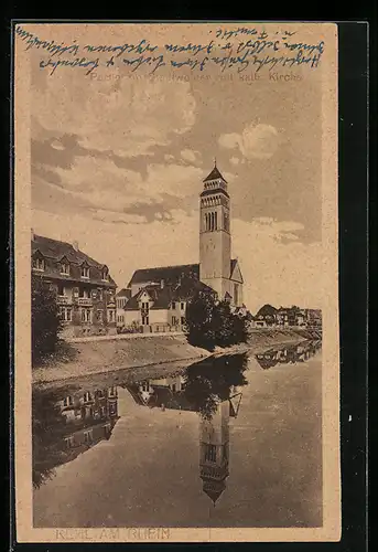 AK Kehl, Stadtweiher mit Kath. Kirche