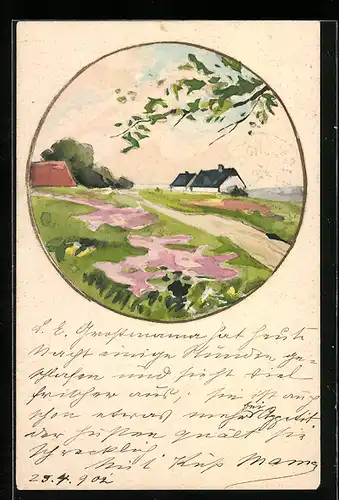 Künstler-AK Handgemalt: Ortsansicht im Frühling