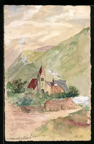 Künstler-AK Handgemalt: Ansicht einer Kirche im Frühling