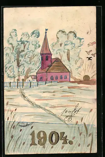 Künstler-AK Handgemalt: Kirche am Wasser