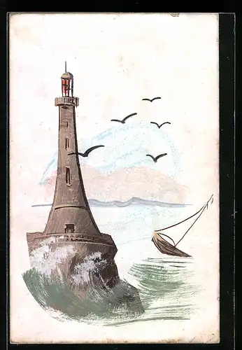 Künstler-AK Handgemalt: Leuchtturm auf stürmischer See