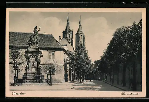 AK Breslau, Domstrasse mit Brunnen