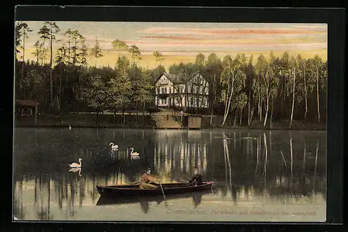 AK Crimmitschau, Forsthaus mit Gondelteich im Sahnpark