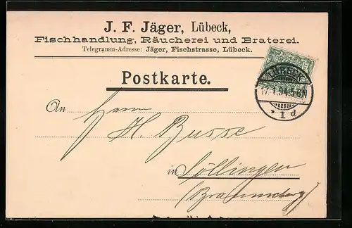 AK Lübeck, Geschäftskarte der Fischhandlung J. F. Jäger