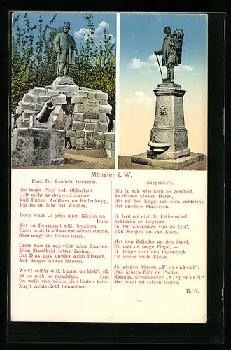 AK Münster i. W., Kiepenkerl und Prof. Dr. Landois-Denkmal mit Text