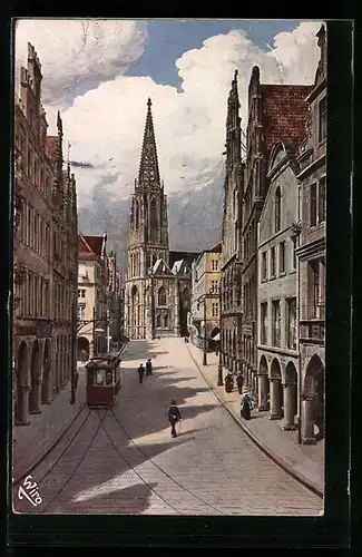 Künstler-AK Münster i. W., Prinzipalmarkt mit Strassenbahn