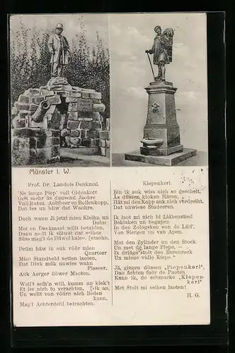 AK Münster i. W., Prof. Dr. Landois Denkmal und Kiepenkerl mit Text